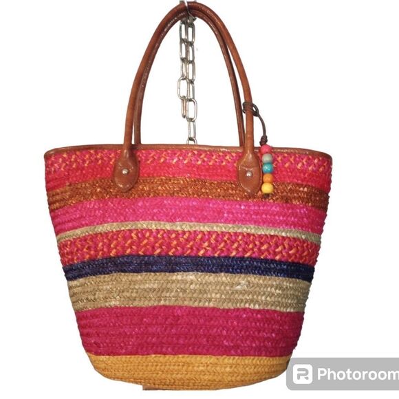 Style & Co large multi colored wicker tote with bead accent & zipper c… - Picture 1 of 10
